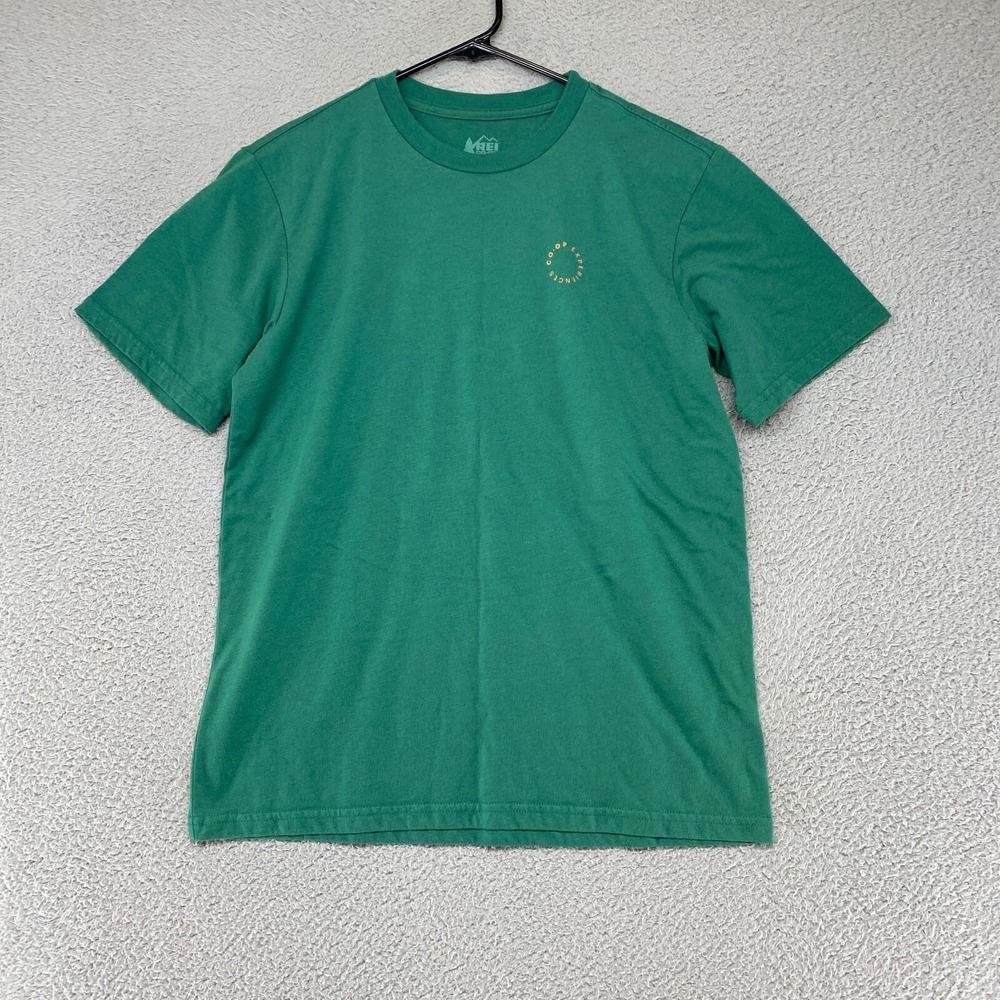 REI T-Shirt Mens Small Green Graphic Tee Ride Discover Wonder Dream Short Sleeve